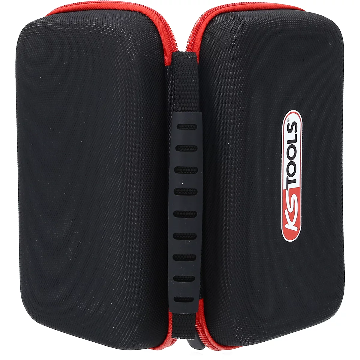 Schwarze Werkzeugtasche mit rotem Reißverschluss und Griff. Auf der Seite steht weiß "KS TOOLS".